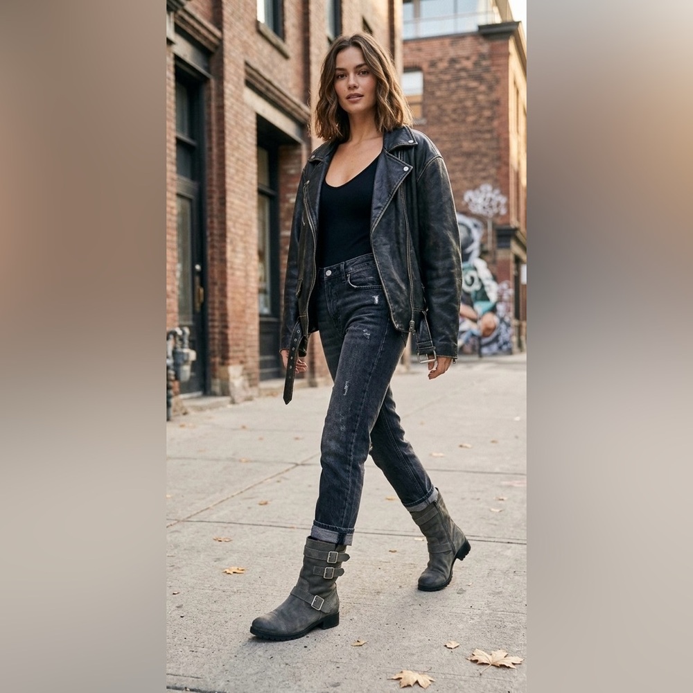 Marc Fisher Grey Suede Triple Buckle Moto Boots Grunge Biker